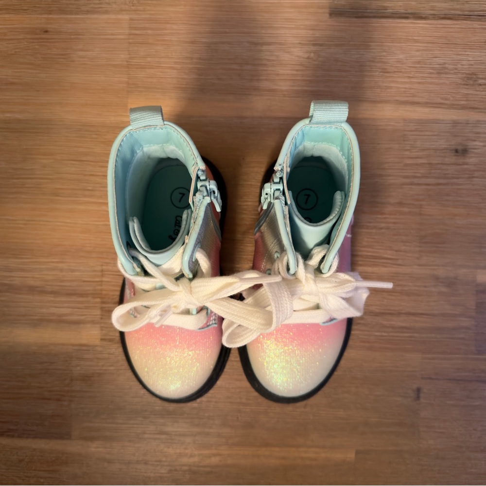 Cat & Jack Combat Boots Amaya Toddler Girls Sz 7 Rainbow Glitter Lace Up - Picture 6 of 12